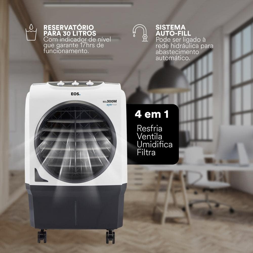 Climatizador EOS ECL300M PRO 30L com descrição das funções 4 em 1 e sistema auto-fill em ambiente moderno