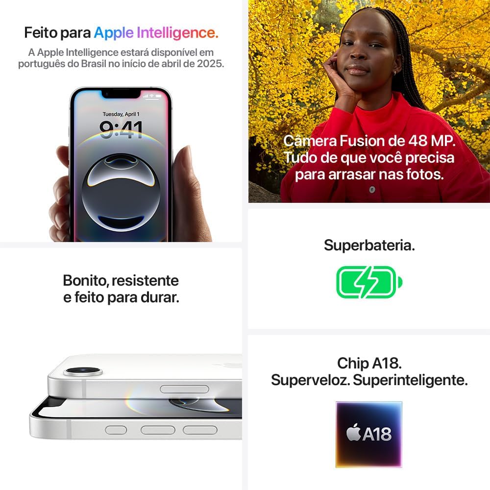 Promoção do Apple iPhone 16e com destaques técnicos e imagem de mulher