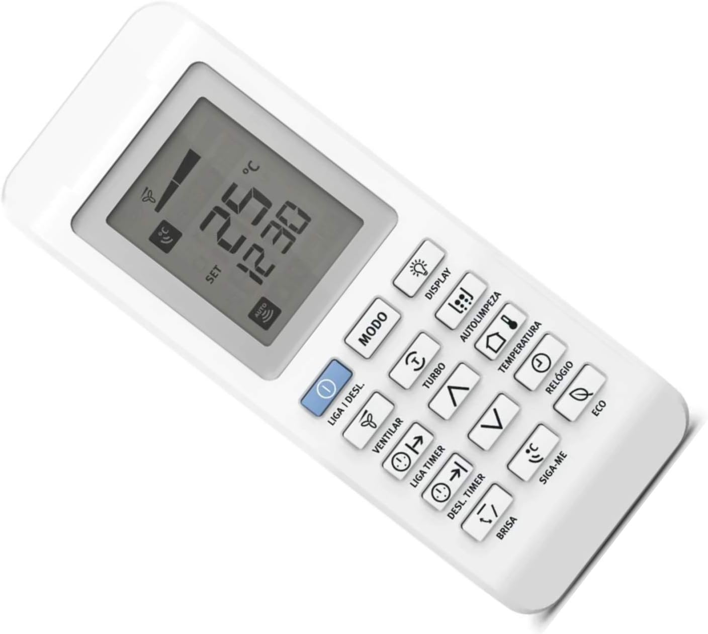 Controle remoto branco para ar condicionado Electrolux com display LCD e vários botões funcionais.