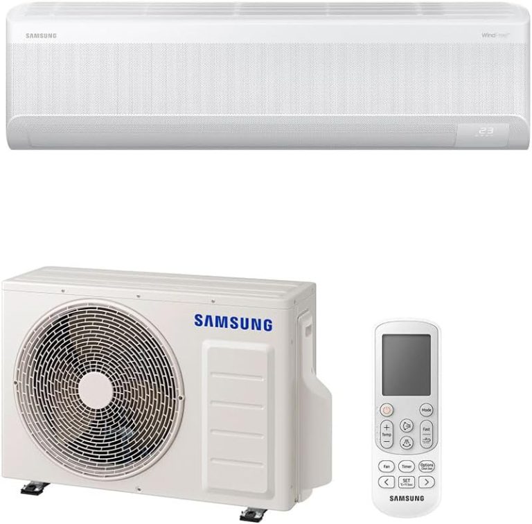 Ar condicionado Samsung Split Hi Wall com unidade condensadora e controle remoto branco, 18000 Btus, modelo WindFree AI Inverter.