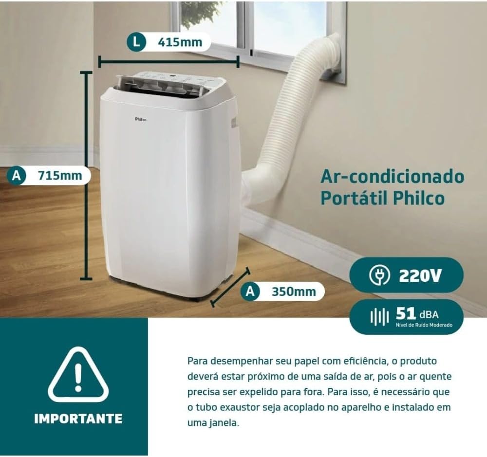 Ar-condicionado portátil Philco instalado com dimensões e informações de uso