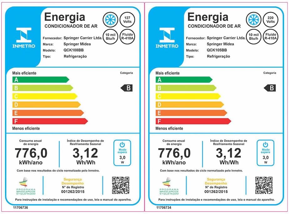 Etiqueta INMETRO eficiência energética Ar Condicionado Springer Midea 10000 BTU/h modelos QCK1088B e QCK105BB