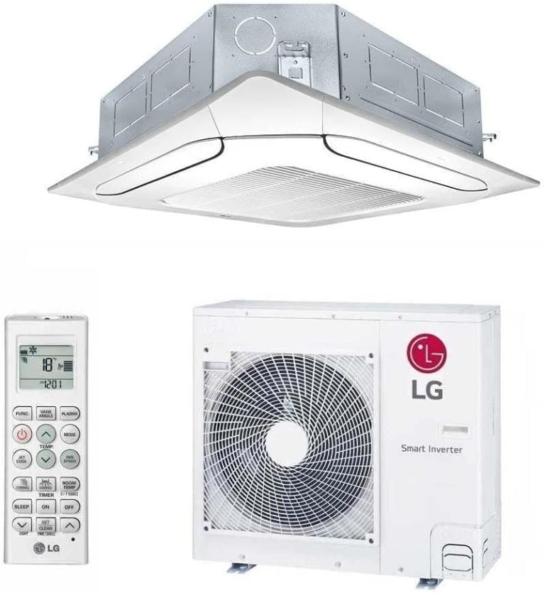 Ar Condicionado LG Split Cassete Inverter 31000 BTUs branco com controle remoto e unidade externa.