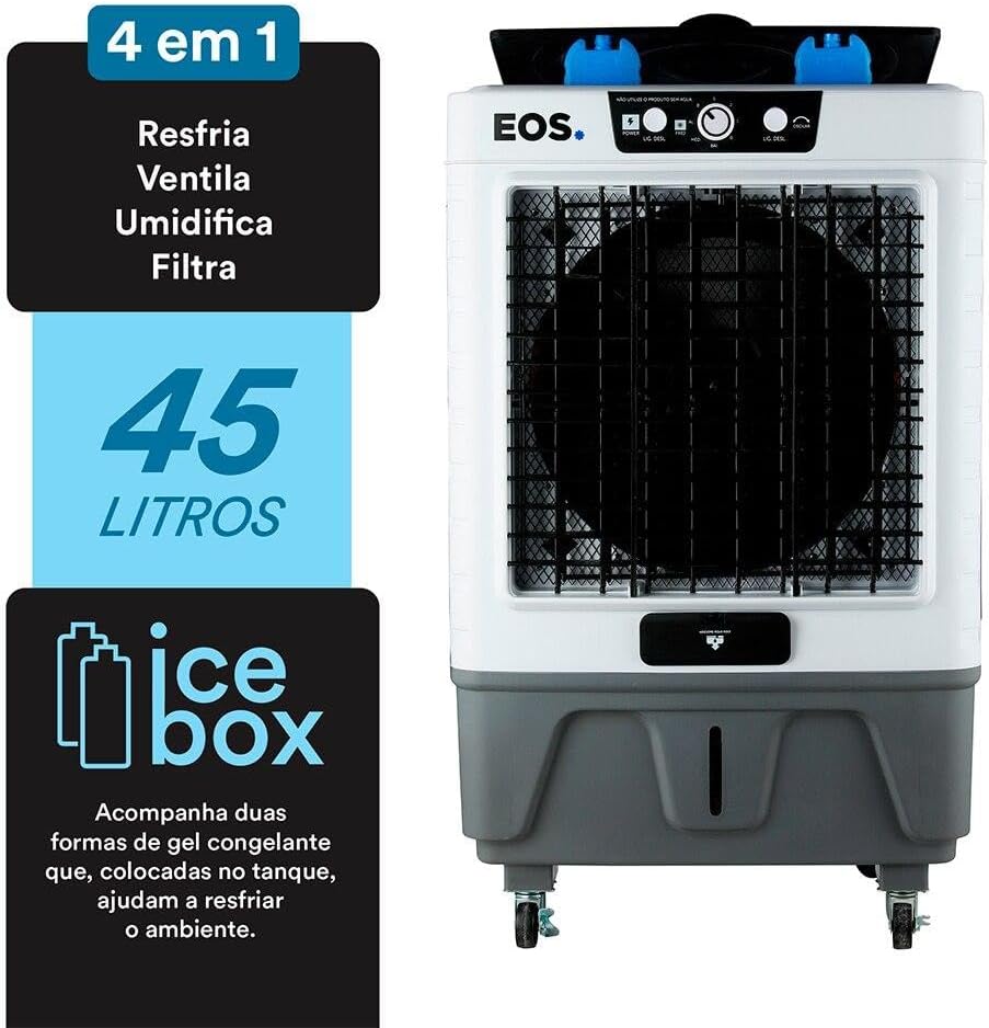 Climatizador EOS 45 litros 4 em 1 com Ice Box para gel congelante, branco e cinza.