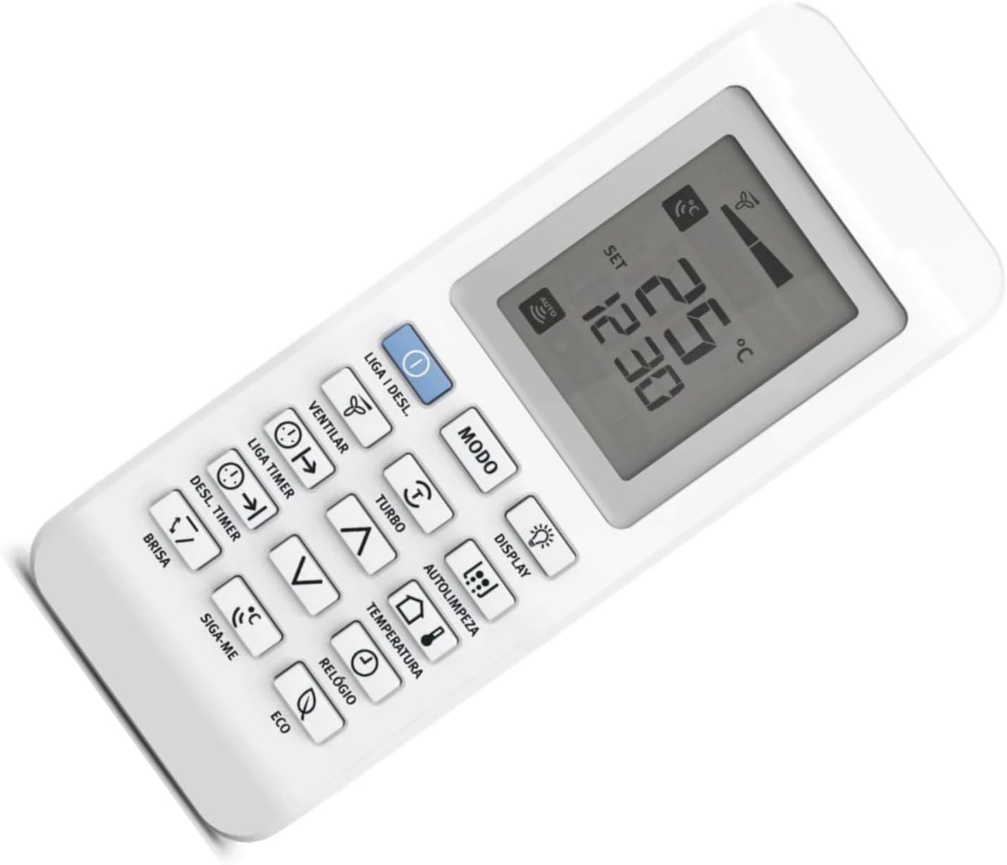 Controle remoto branco para ar condicionado split Electrolux Inverter e Ecoturbo com display LCD e botões.