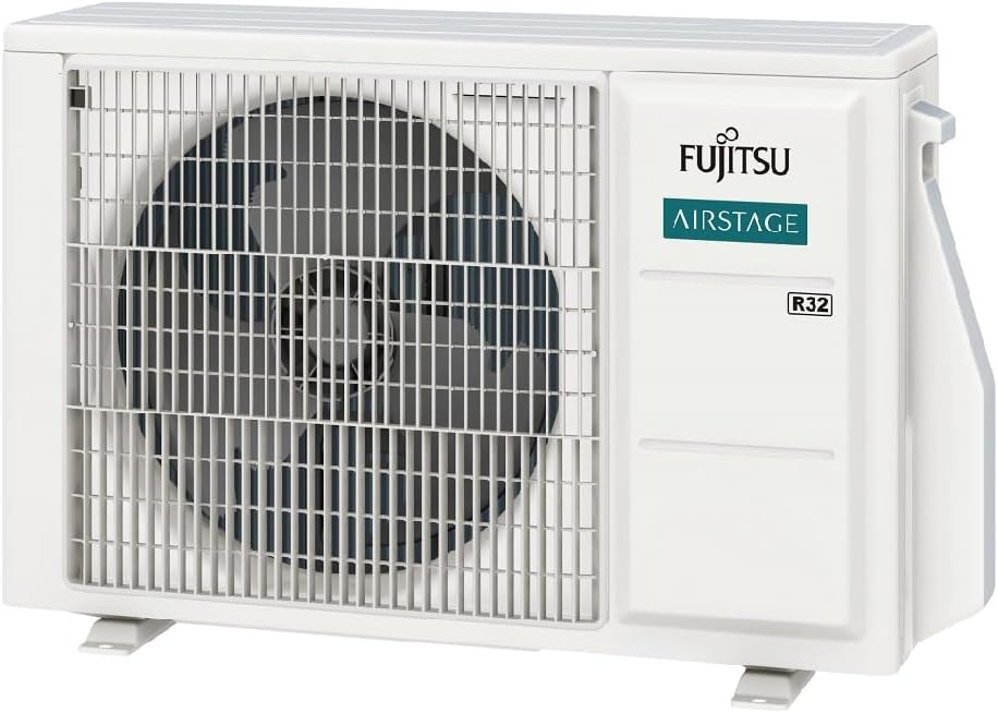 Unidade externa do ar condicionado Split Fujitsu Airstage 18000 BTU/h quente e frio com ventilador e grade frontal.
