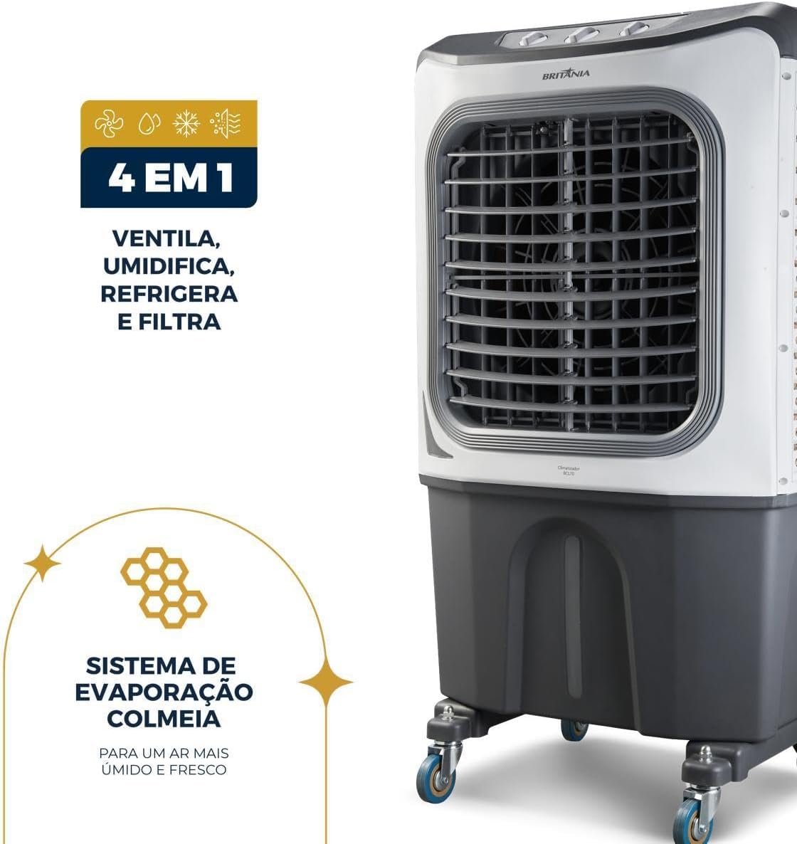 Climatizador de Ar Britânia 4 em 1 com sistema de evaporação colmeia.