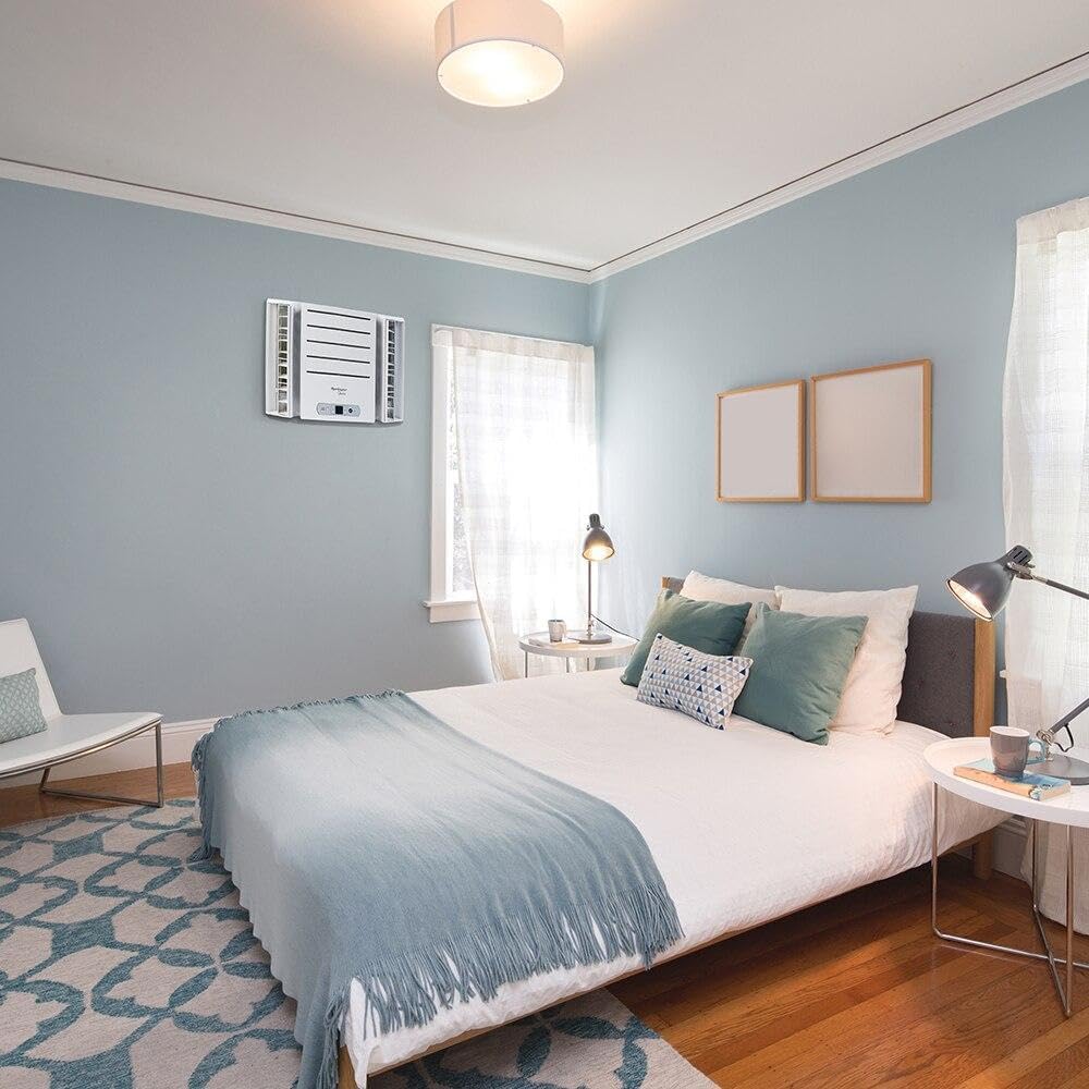 Quarto decorado com ar condicionado janela Springer Midea instalado na parede azul