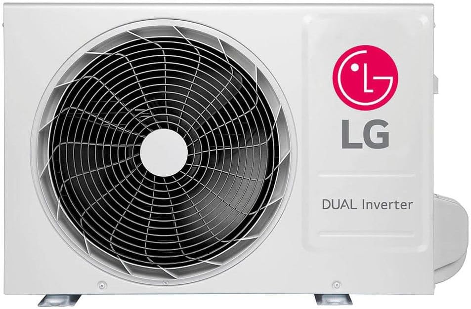 Unidade externa do ar condicionado LG Dual Inverter com ventilador e logo rosa LG.