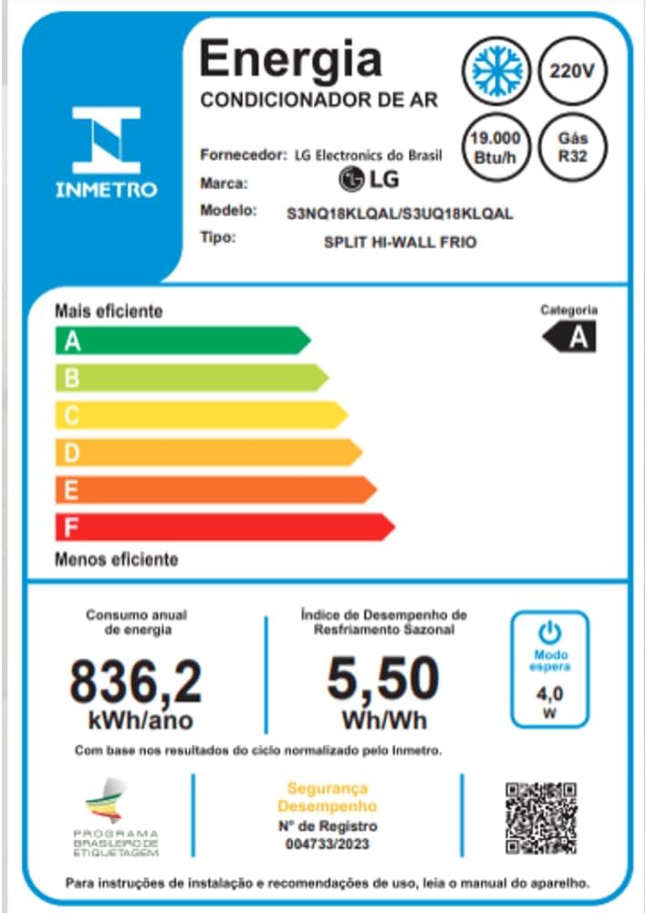 Selo de eficiência energética Inmetro para ar condicionado LG Dual Inverter categoria A 836,2 kWh anual