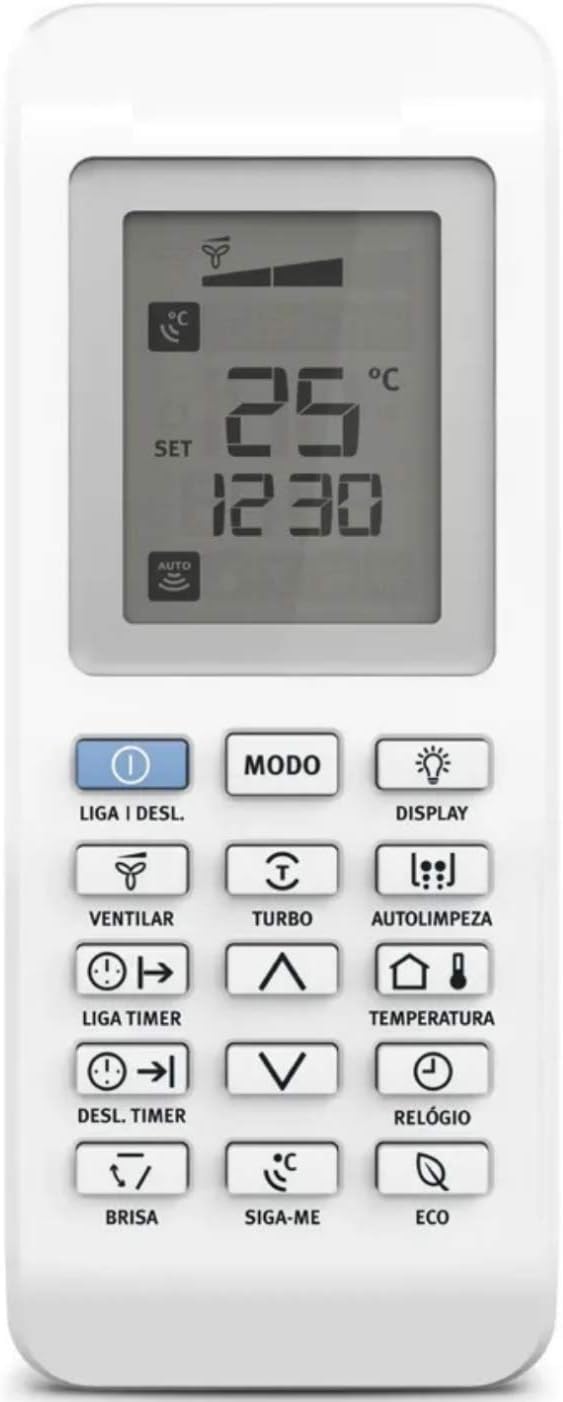 Controle remoto branco para ar condicionado split Electrolux com display LCD e múltiplos botões de função.