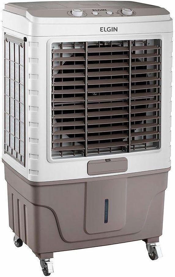 Climatizador de Ar Elgin Big Air 65L branco com detalhes cinza e grade frontal, rodas e controle no topo.