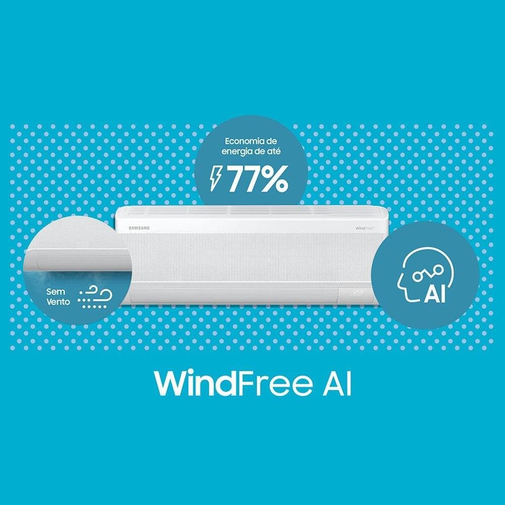 Ar Condicionado WindFree AI em fundo estampado, destacando economia de 77% e tecnologia AI.
