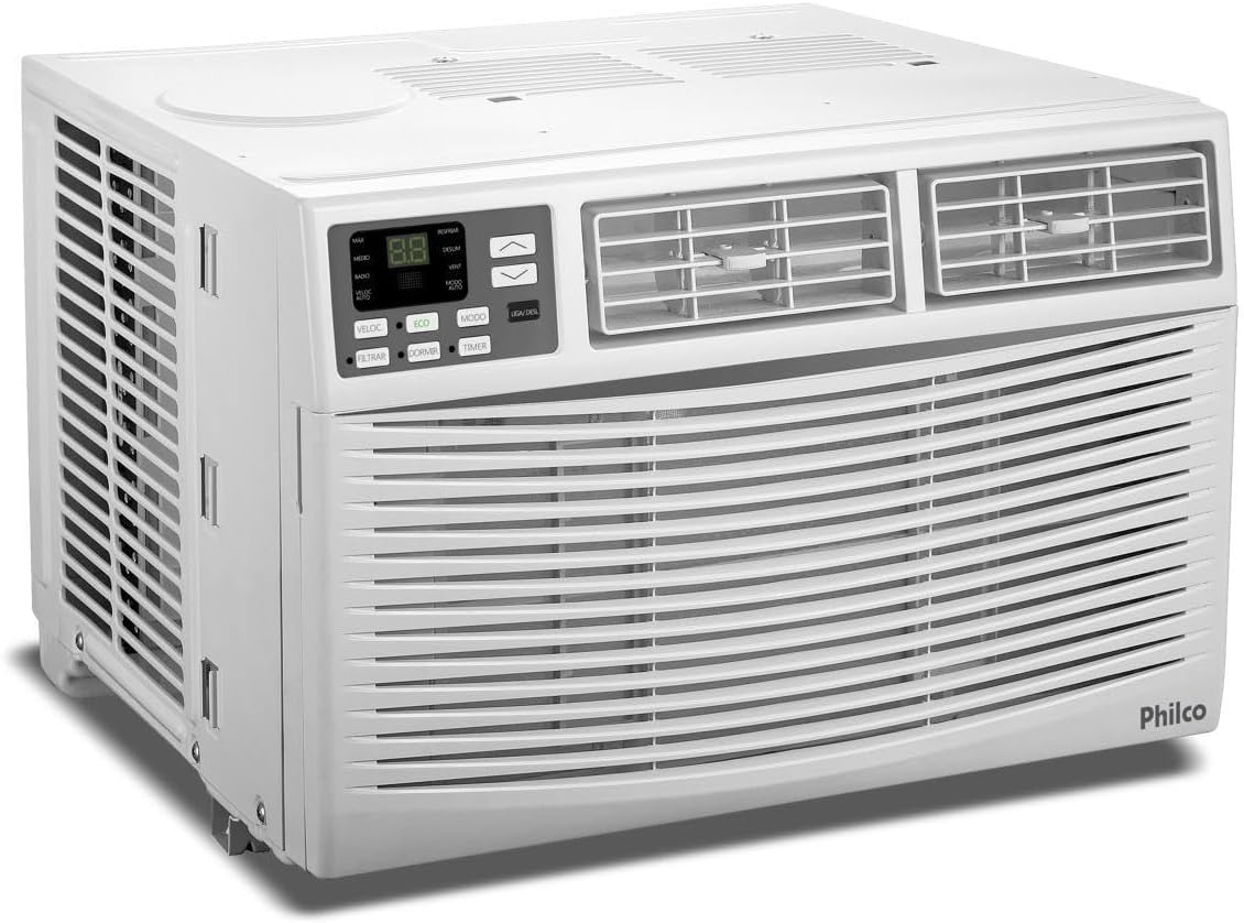 Ar-condicionado Philco PAJ7FH 7500 BTUs branco vista lateral com painel digital e grades de ventilação