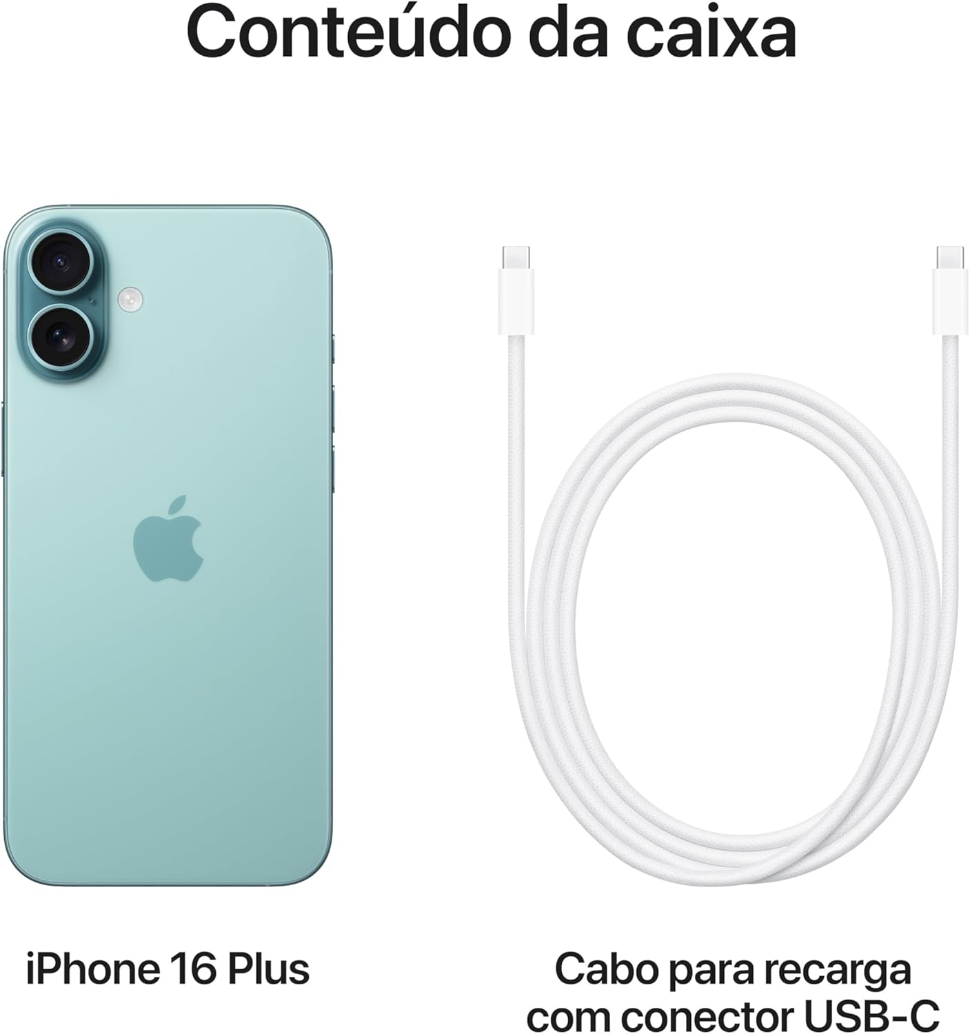 Conteúdo da caixa do Apple iPhone 16 Plus verde-acizentado incluindo celular e cabo USB-C