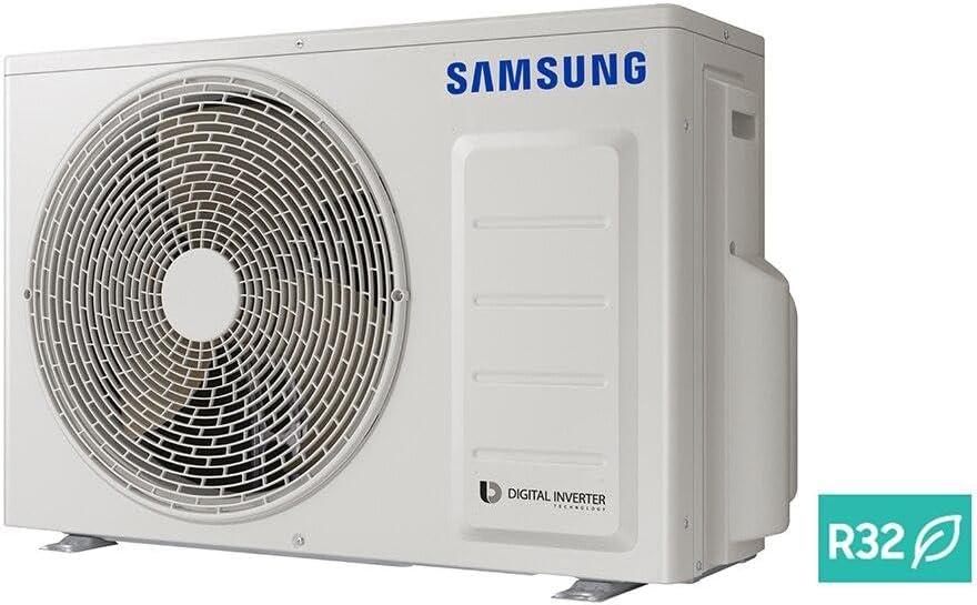 Unidade condensadora externa branca do ar-condicionado Samsung com selo R32