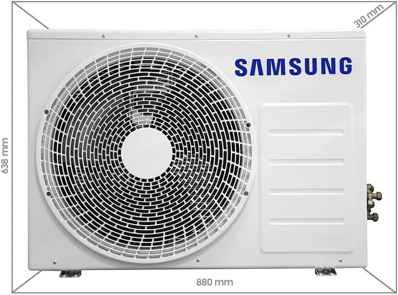 Unidade externa do ar-condicionado Samsung WindFree Connect com dimensões 880x638x310 mm, fundo branco