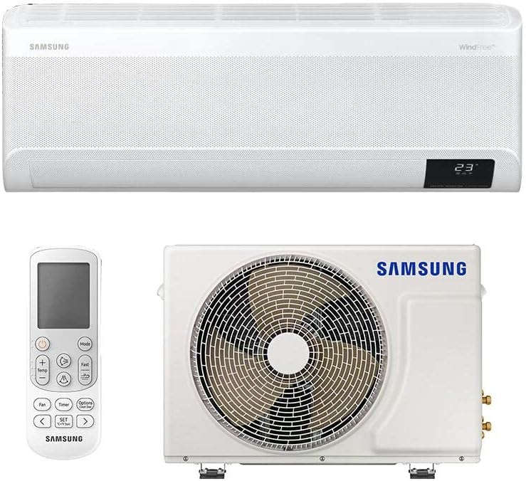 Ar-condicionado Split Inverter Samsung WindFree Connect 9000 BTUs com controle remoto e unidade externa branca.