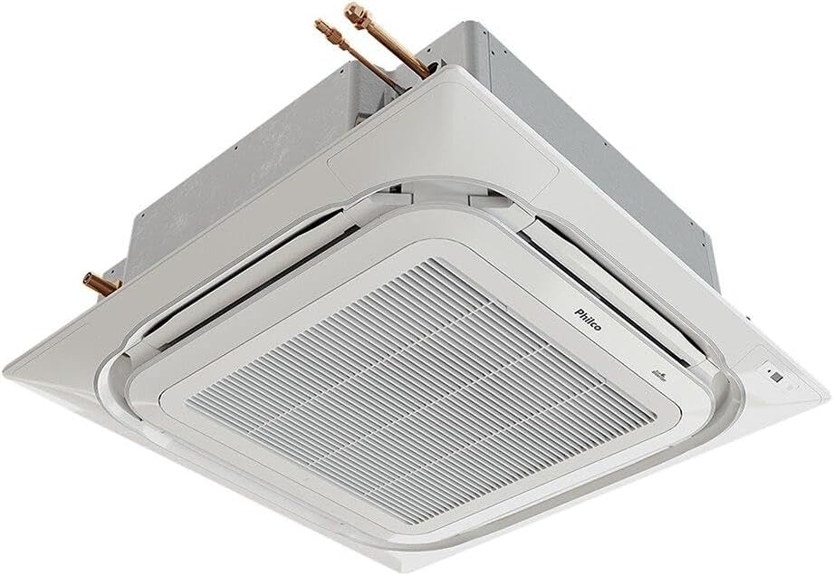 Unidade interna do ar-condicionado split inverter cassete Philco Eco 24000 BTUs só frio vista angular, fundo branco.