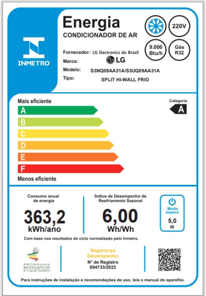 Etiqueta INMETRO eficiência energética ar condicionado LG Dual Inverter 9000 Btus categoria A.