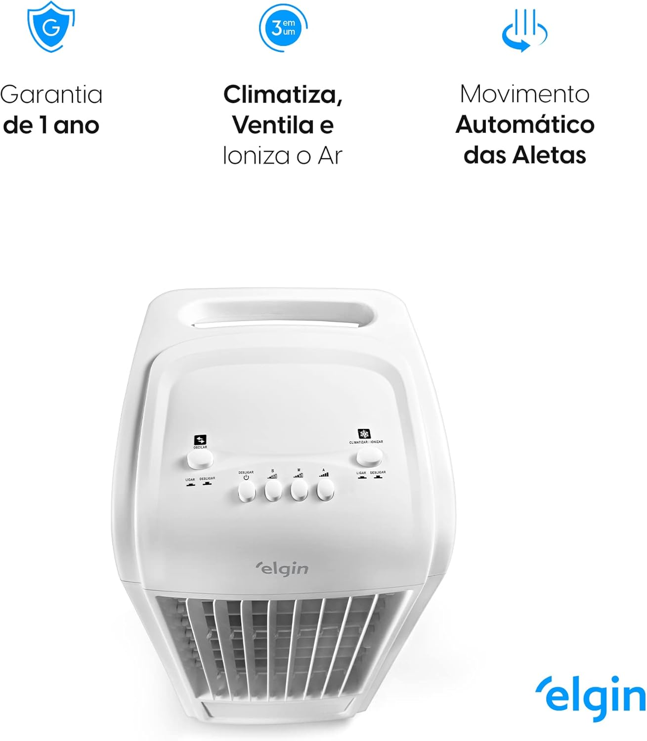Topo do climatizador Elgin com controles e funcionalidades descritas