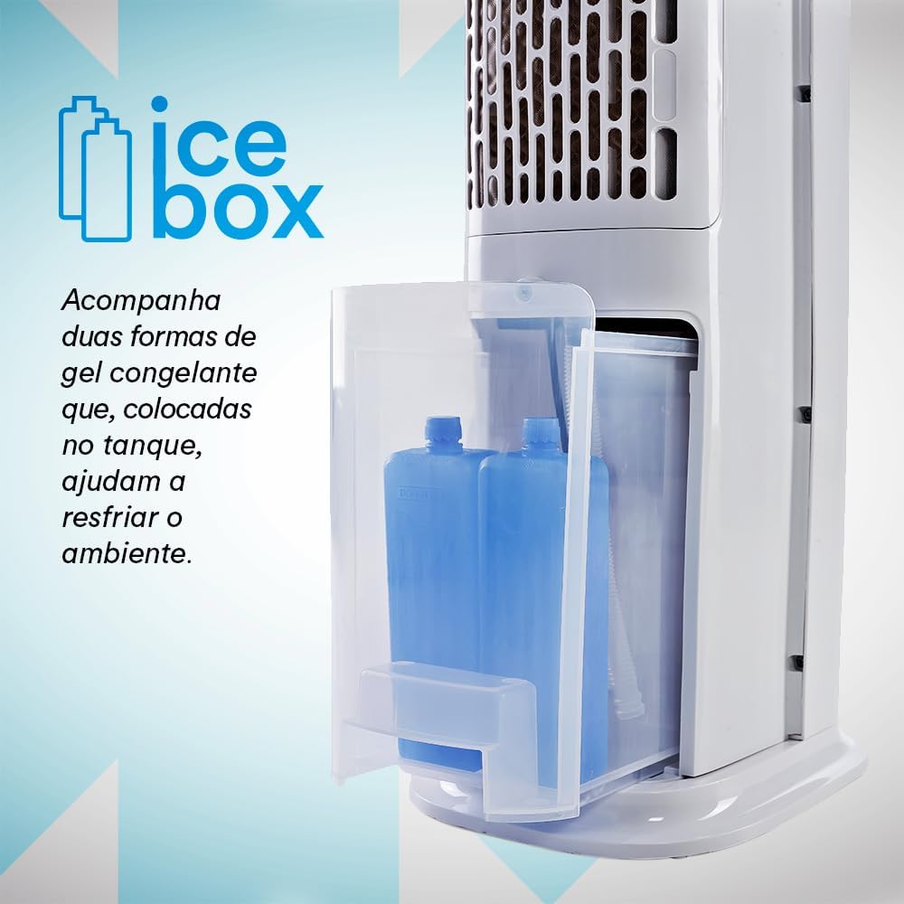 Compartimento Ice Box do climatizador EOS com gel congelante azul no tanque transparente