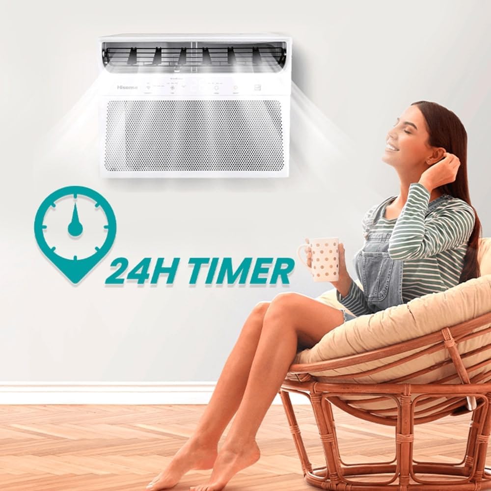 Função timer 24 horas no ar condicionado Janela Hisense destacada com mulher relaxando em ambiente residencial