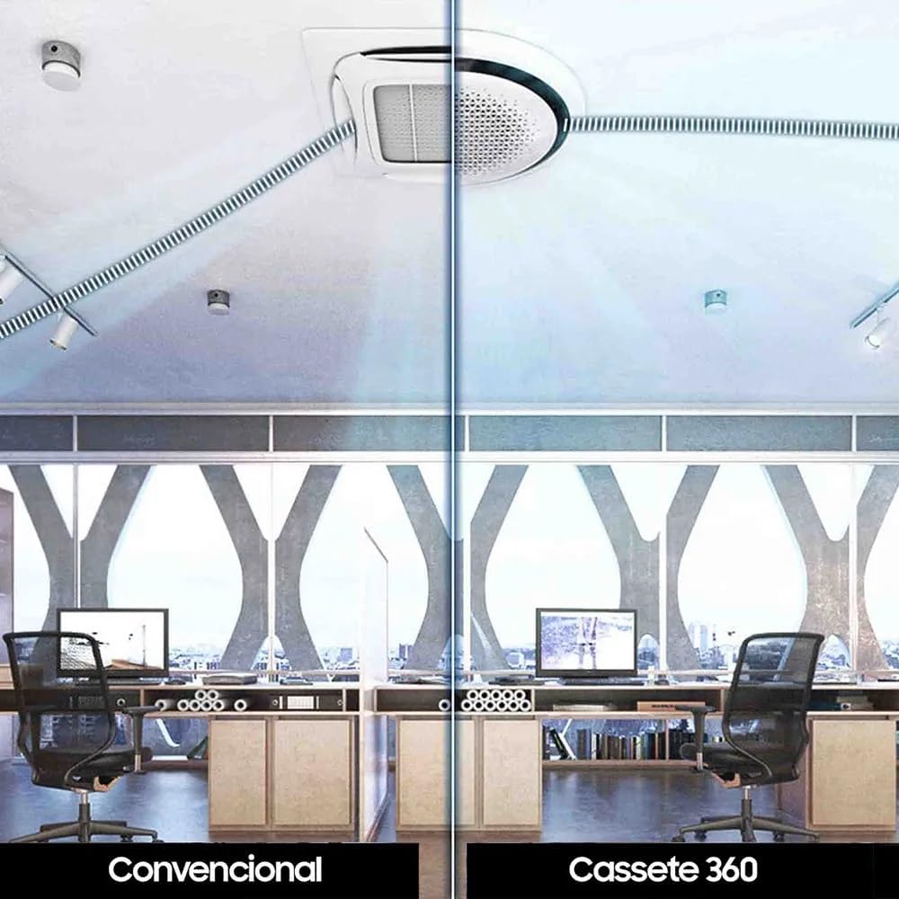 Comparação visual entre ar condicionado convencional e Samsung Cassete 360 em ambiente de escritório.
