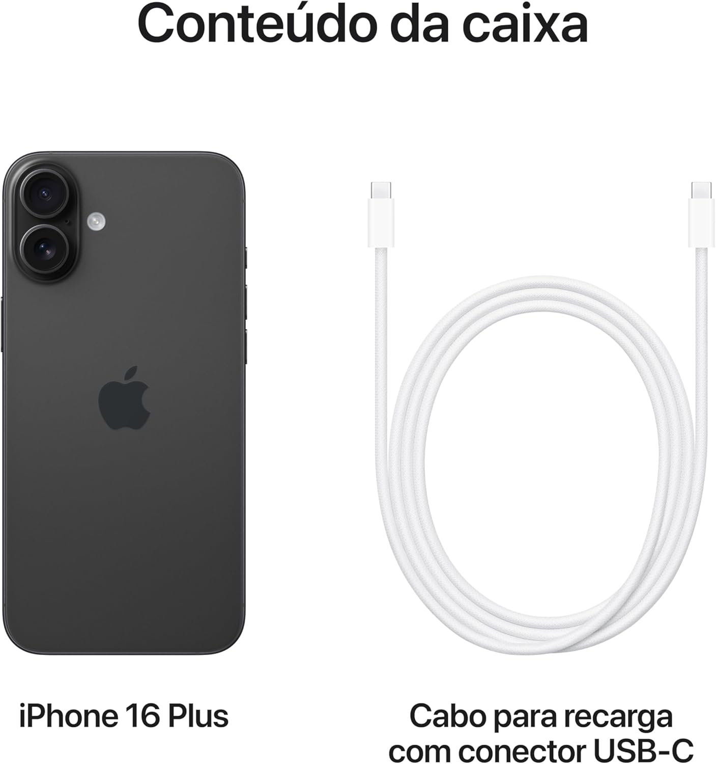 Conteúdo da caixa do Apple iPhone 16 Plus preto com cabo de recarga USB-C