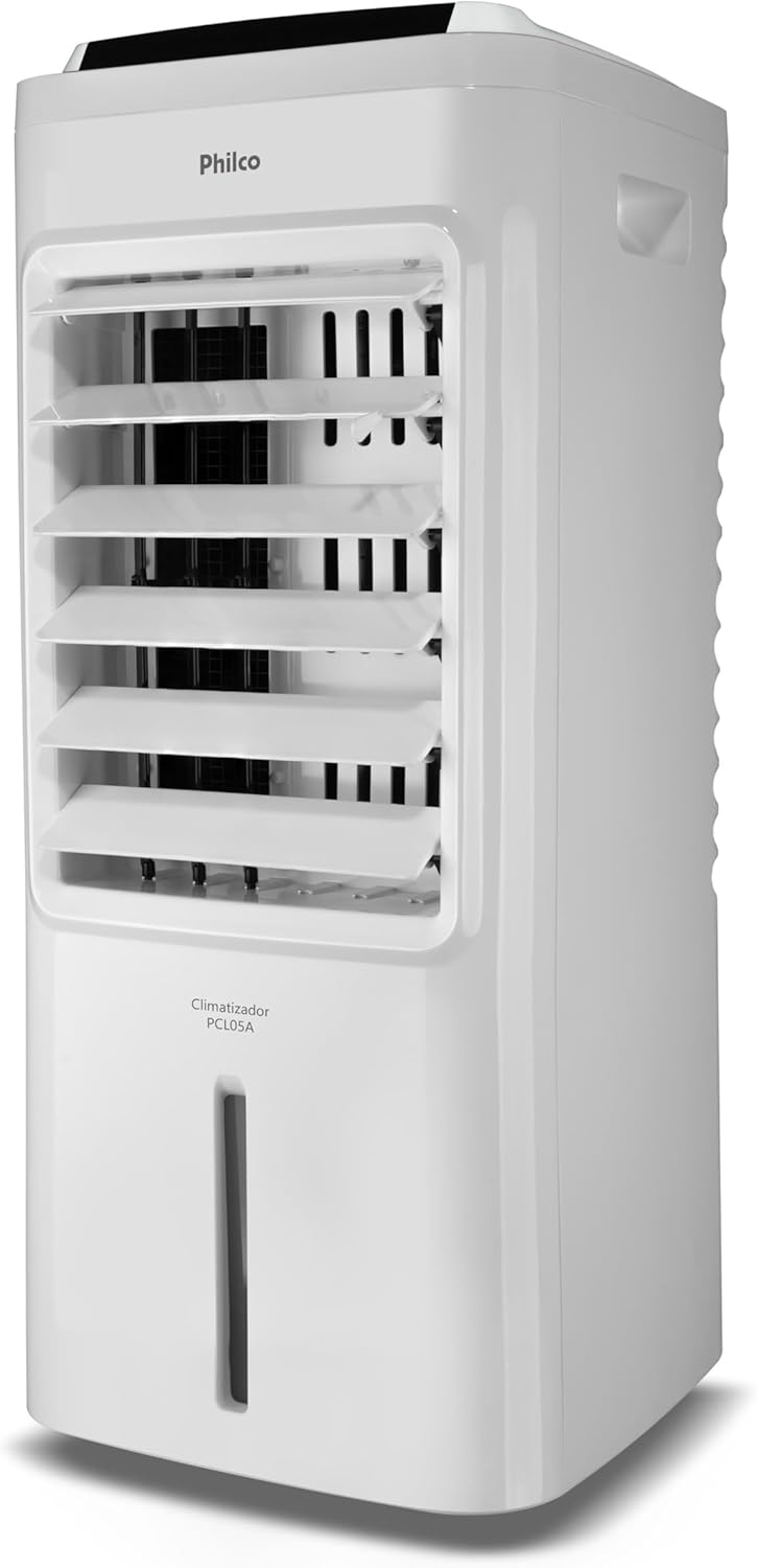 Climatizador Philco 4 em 1 PCL05A vista lateral branco com abas abertas e visor nível de água