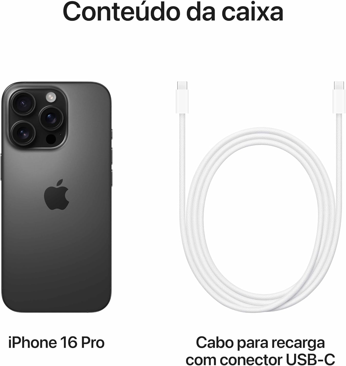 Conteúdo da caixa Apple iPhone 16 Pro com cabo USB-C