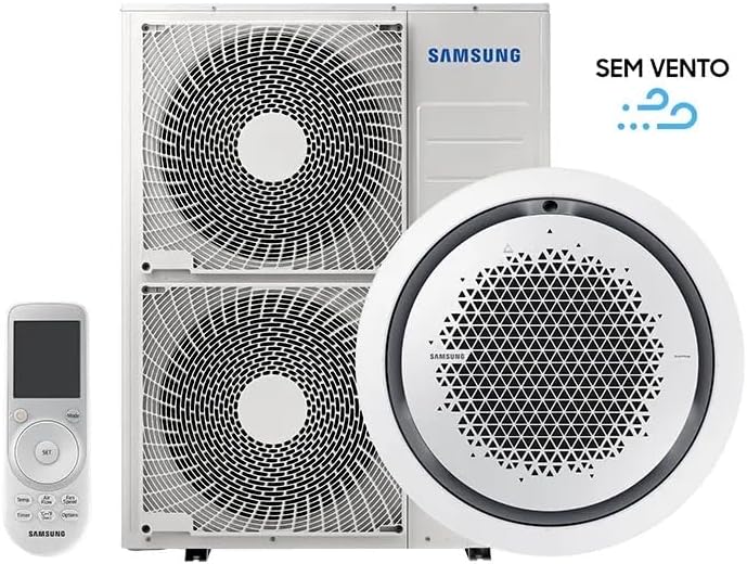 Ar condicionado Samsung Cassete 360 WindFree com controle remoto, texto SEM VENTO.