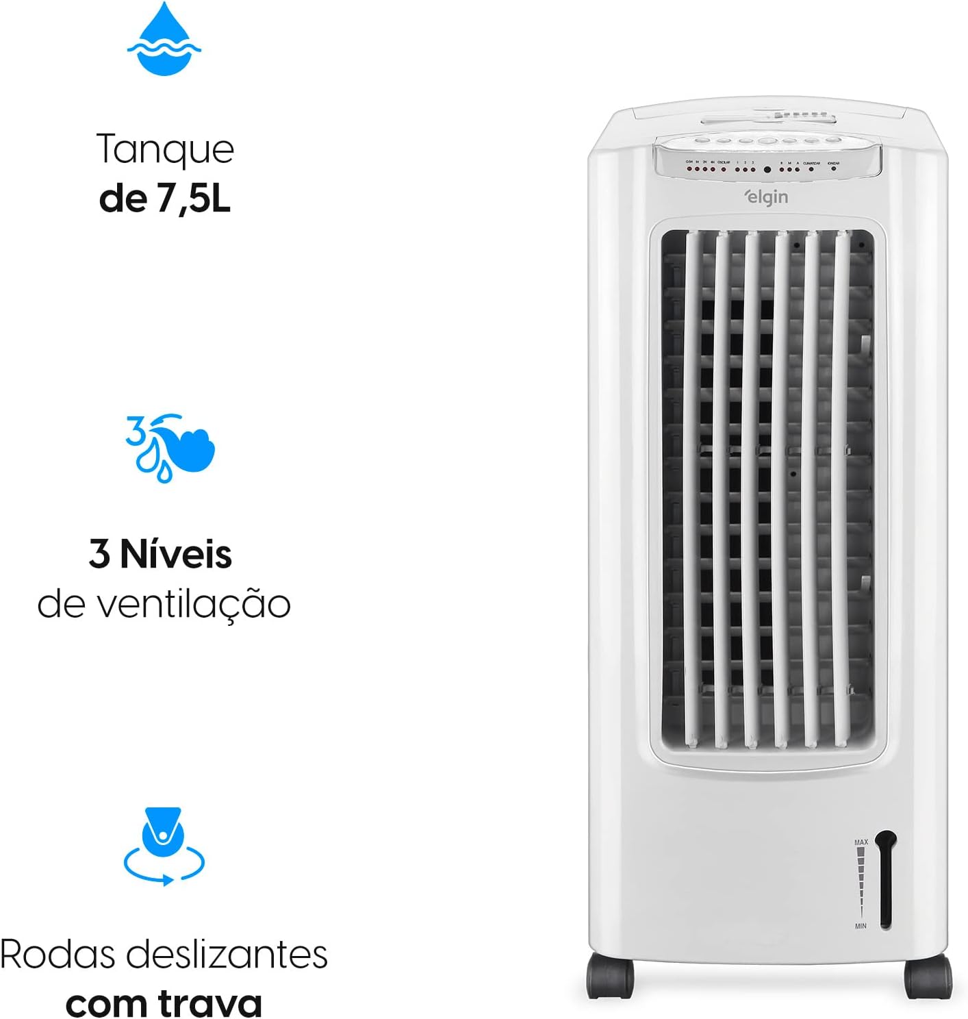 Climatizador Elgin branco com tanque 7,5L, 3 níveis ventilação e rodas com trava