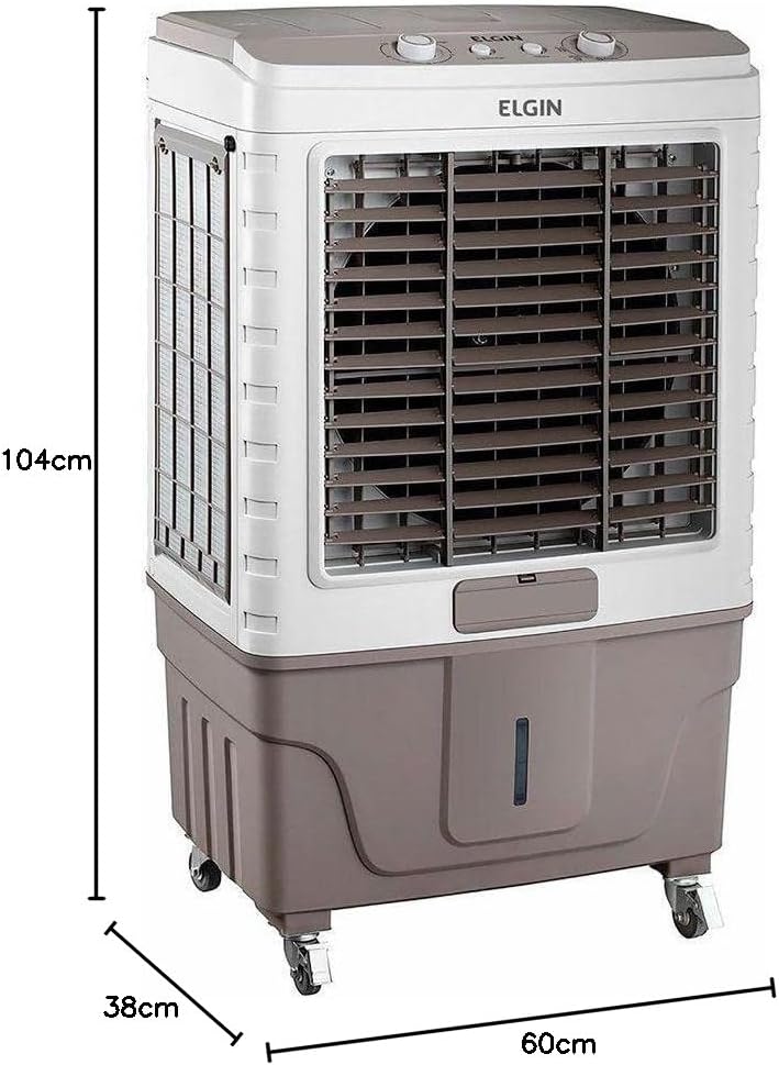 Climatizador de Ar Elgin Big Air 65L com medidas 104x60x38cm, branco com detalhes cinza.