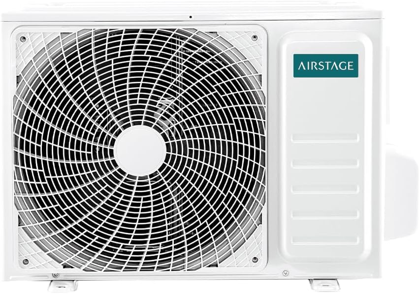 Unidade externa do ar-condicionado Split HW Inverter Fujitsu Airstage Essencial 9.000 BTUs, condensaodora com ventilador e logo Airstage.