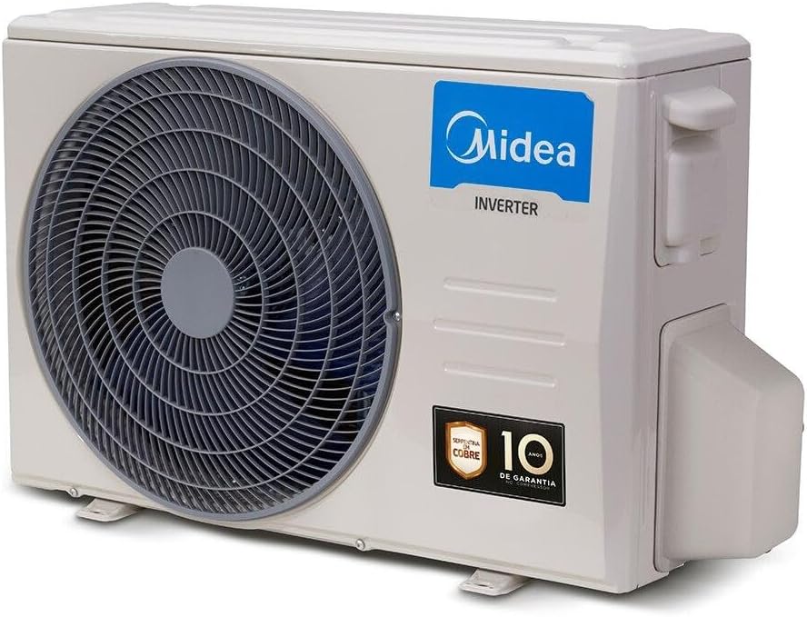 Unidade externa ar condicionado Split Hi Wall Inverter Midea Xtreme Save Connect vista lateral direita com selo de garantia 10 anos.