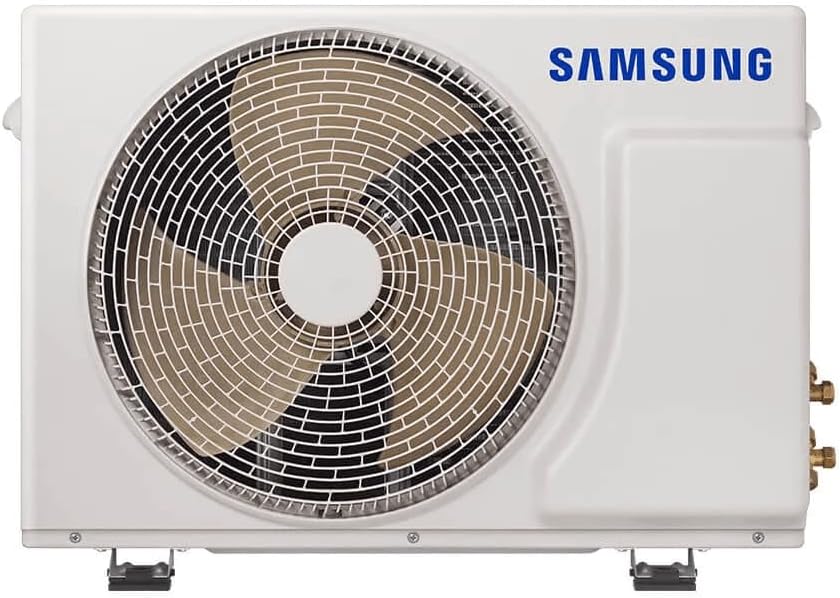 Unidade externa do Ar-condicionado Samsung branca com grade circular da ventoinha visível e logo Samsung azul