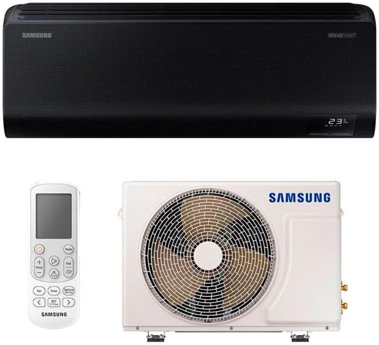 Ar-condicionado Split Inverter Samsung Windfree Connect 18000 Btus preto com unidade externa e controle remoto em fundo branco.
