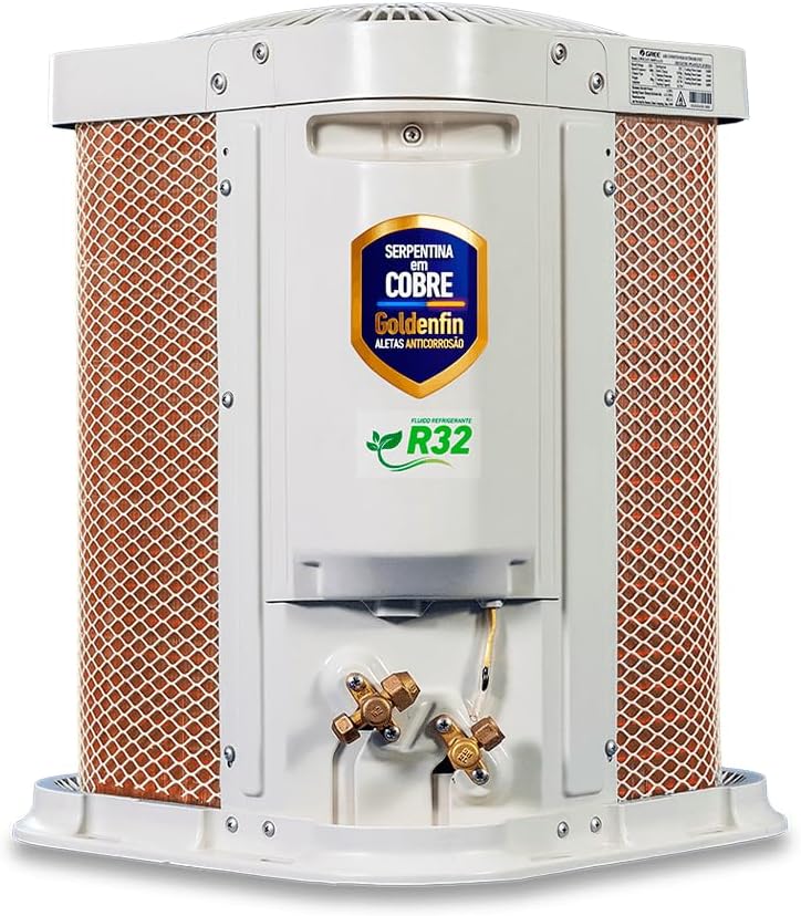 Unidade externa ar condicionado split Gree G-Top com metal branco, laterais de malha cobre, selo serpentina cobre e fluido R32.
