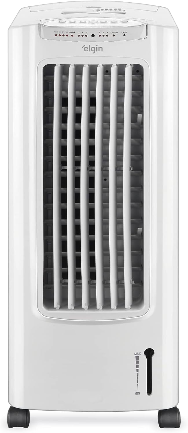 Climatizador de ar portátil Elgin branco frontal com rodízios e painel no topo