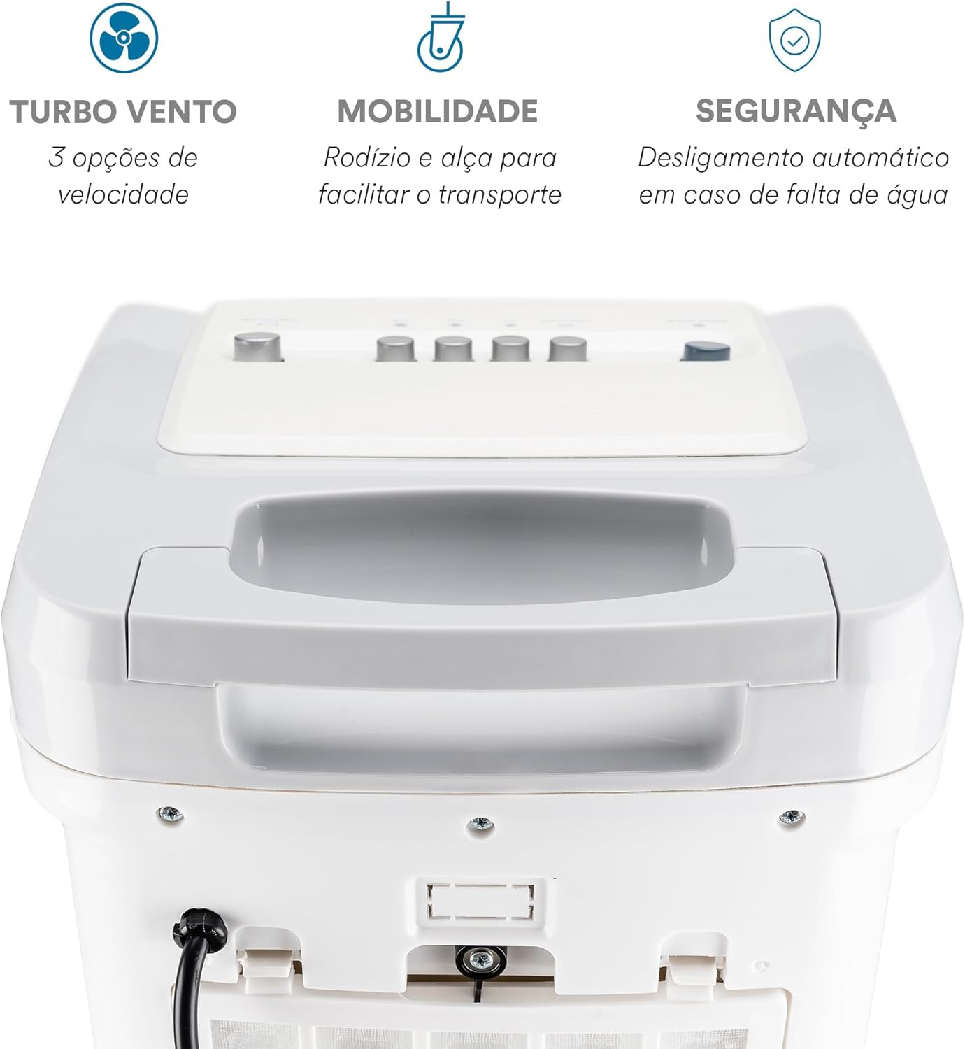 Parte traseira superior do climatizador EOS com controles, alça, rodízios e ícones de funcionalidades.