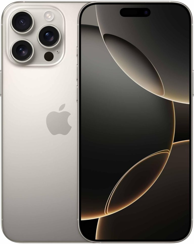 Apple iPhone 16 Pro Max titânio natural vista frontal e traseira com câmeras triplas