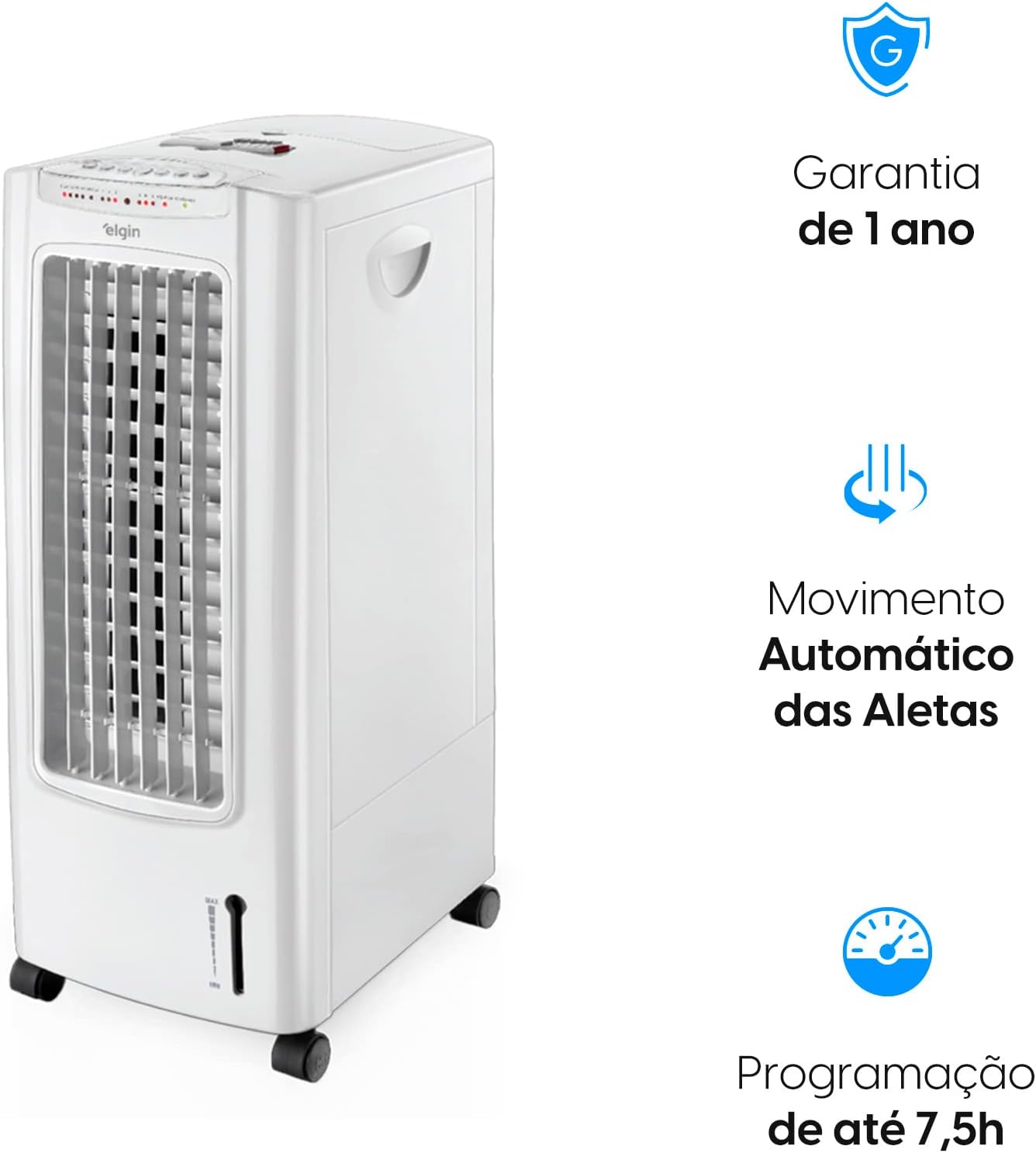 Climatizador Elgin branco com funcionalidades garantia 1 ano, aletas automáticas e timer