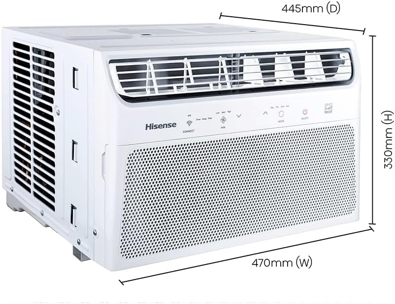 Ar condicionado Janela Hisense branco com dimensões 470mm x 445mm x 330mm, painel eletrônico e grelha de ventilação