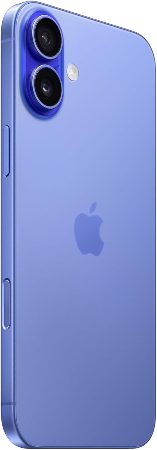 Lateral traseira do iPhone 16 Plus azul ultramarino com câmera dupla e botão lateral