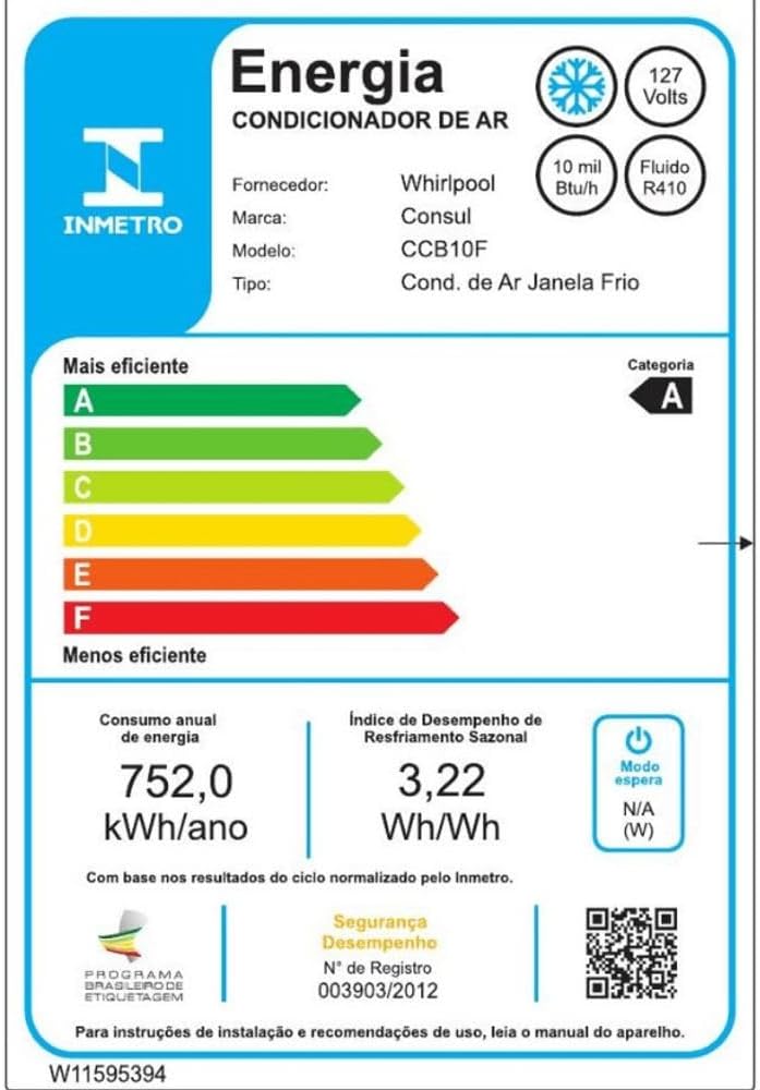 Etiqueta eficiência energética INMETRO ar condicionado Consul 10000 BTUs categoria A