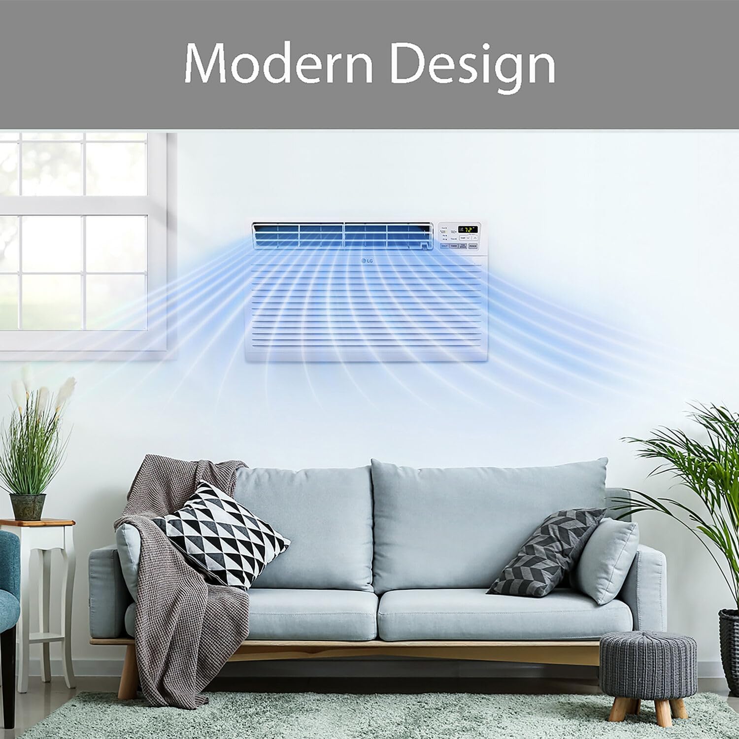 Ar condicionado LG em sala com design moderno, emitindo fluxo de ar frio.