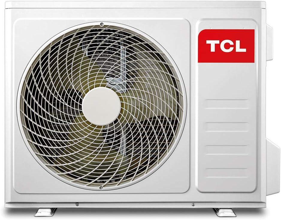 Unidade externa do Ar Condicionado Split TCL 9000 BTUs com ventilador e logo TCL.