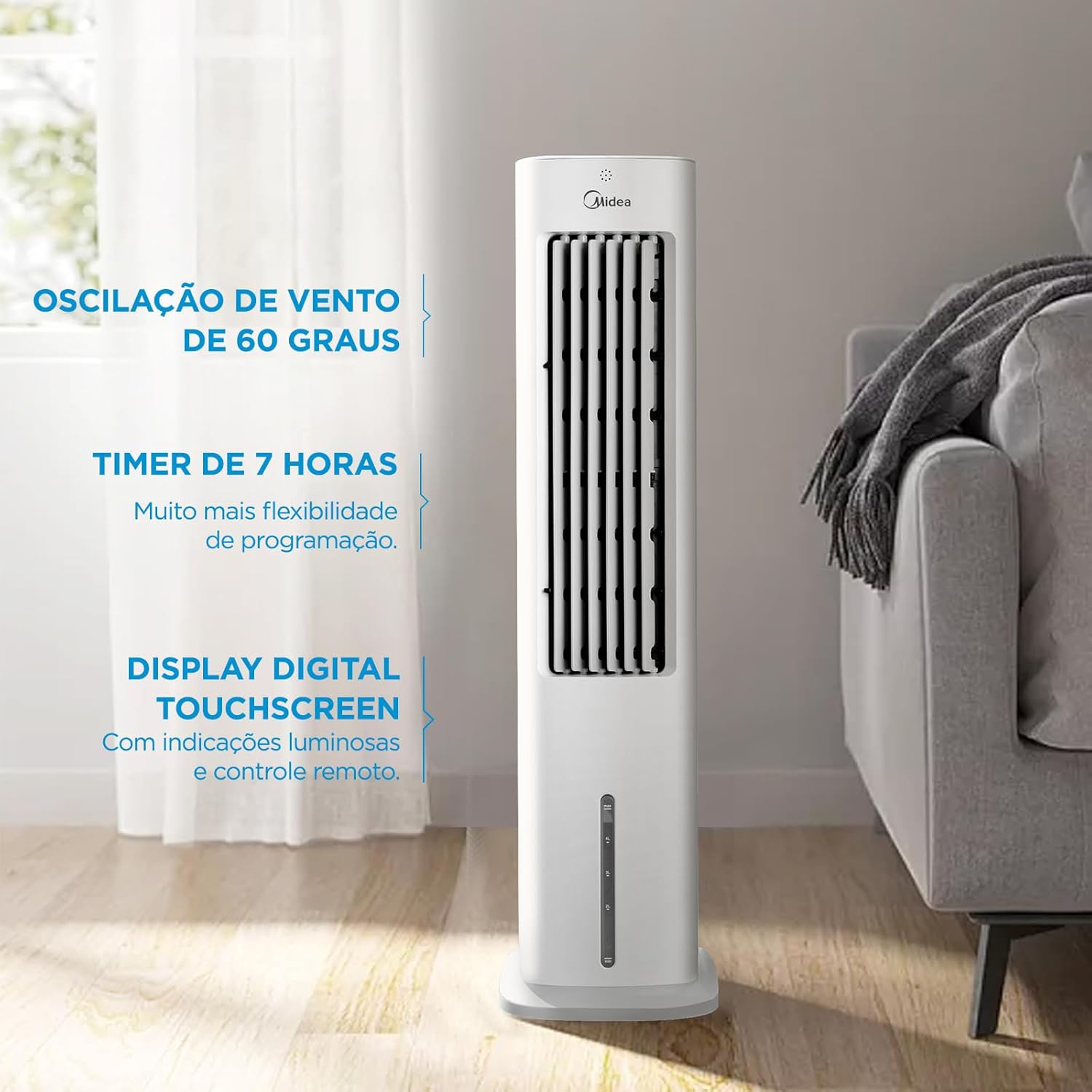 Climatizador de ar digital Midea com oscilação 60 graus, timer 7 horas e display touchscreen em ambiente acolhedor.