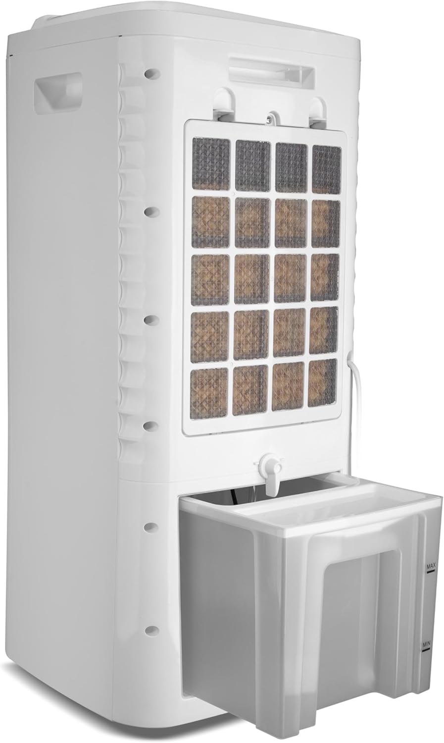 Climatizador Philco 4 em 1 PCL05A vista traseira com filtro e reservatório de água aberto